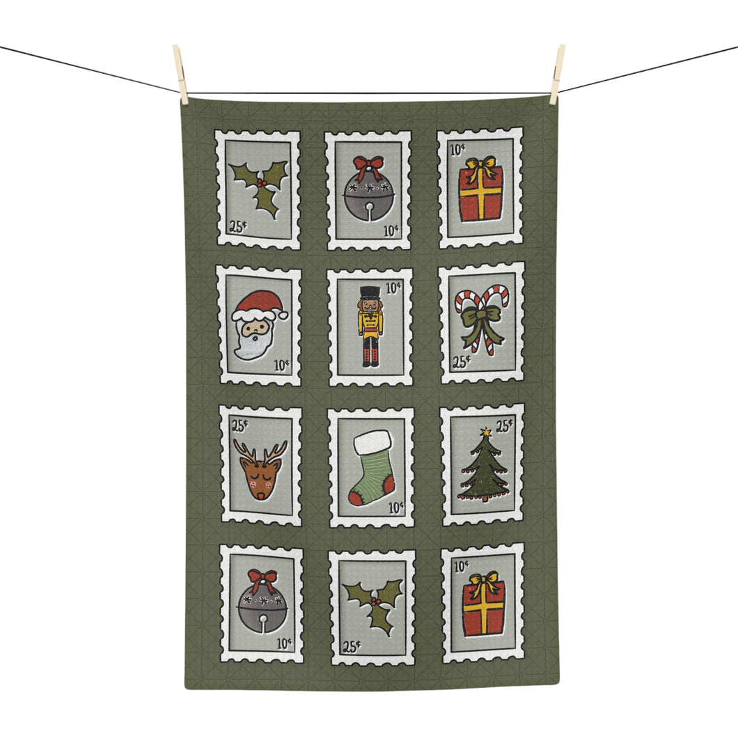 Vintage Christmas Stamp Microfiber Tea Towel